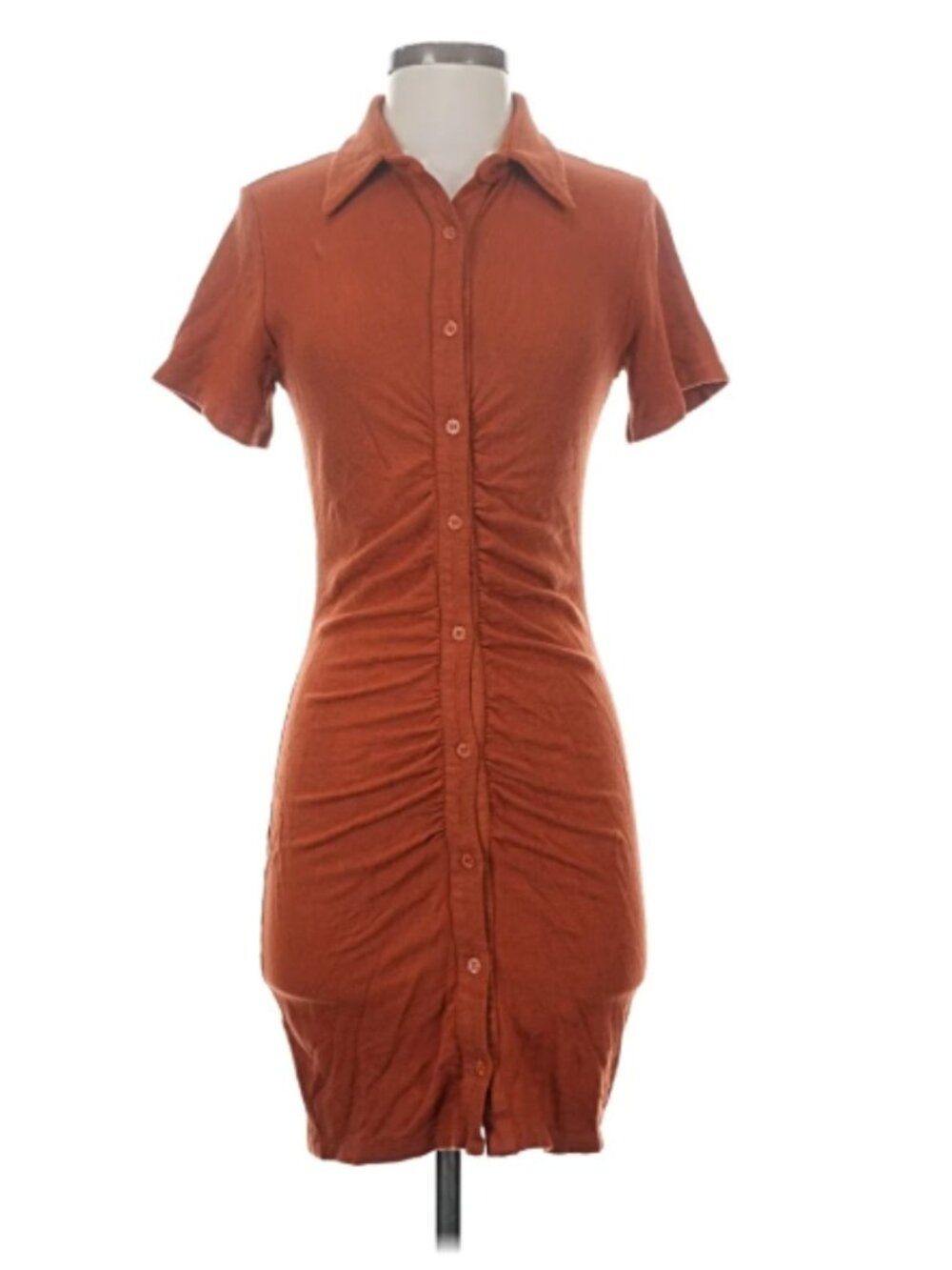 Monrow Burnt Orange Mini Dress — Shirred Bodycon Polo, Size Small
